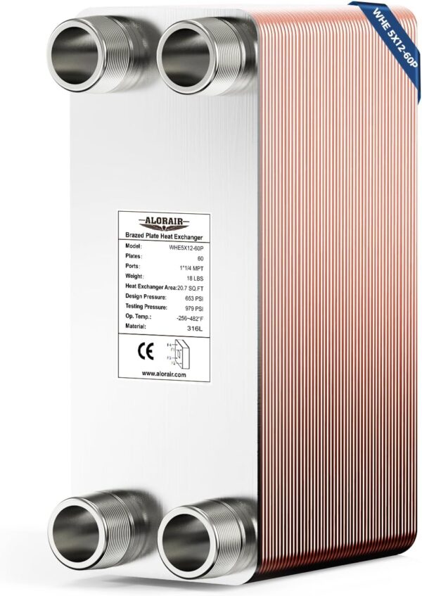 ALORAIR 5"x12" 50 Plates Heat Exchanger with 1-1/4" MPT Port,316L Stainless Steel Water to Water Brazed Plate Heat Exchanger